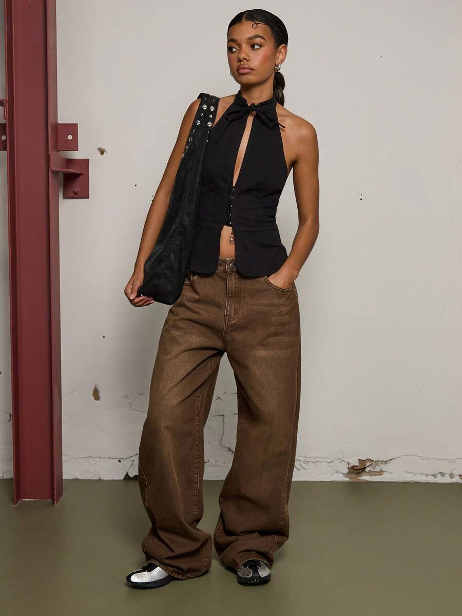 COUREZ 无袖露背吊带上衣，正面镂空系带设计 / Y2K 春季女装 可爱性感外出上衣 黑色上衣 音乐节穿搭 夏季上衣 - 黑色 - 查看 1