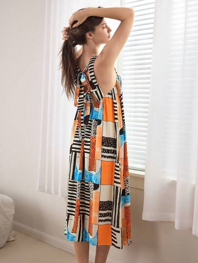 Ocili Women's Geometric Print Backless Twist Sleeveless Casual Dress