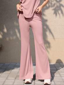 Mulvari Minimalist Elastic Waist Pink Slant Pocket Knit Flare Pants - Pink - View 1