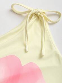 Sweetra 黄色蛋形花卉印花圆领蝴蝶结肩带修身背心，女士款，优雅可爱浪漫，适合度假、海滩、日常穿着，春夏百搭 - 黃色 - 查看 3