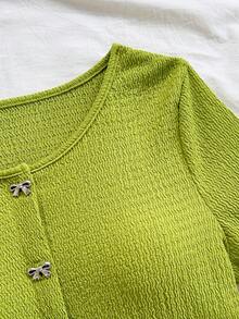 Soleia Women's Fluorescent Green Metallic Bow Decor Fashionable New Short Sleeve Top - Green - View 6