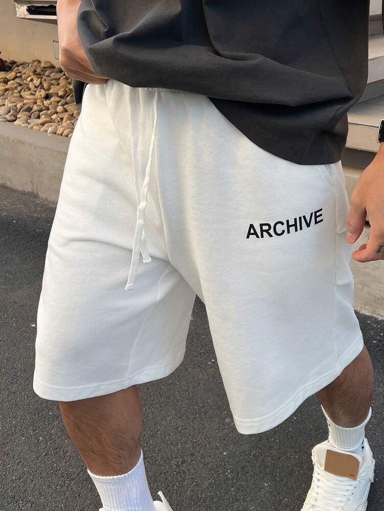 Men's Letter Print White Elastic Waist Shorts, Summer