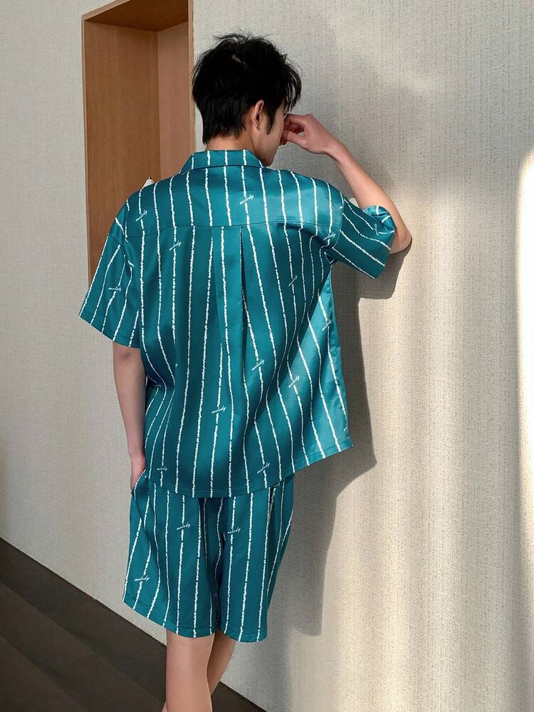 Men's Blue Striped Short Sleeve Shirt And Shorts Pajama Set, Summer