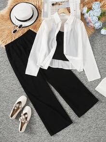 SHEIN 3 PiecesElegant Outfit For Teen Girls: Black & White Sheer Shirt, Camisole, And Wide Leg Pants - Black and White - View 7