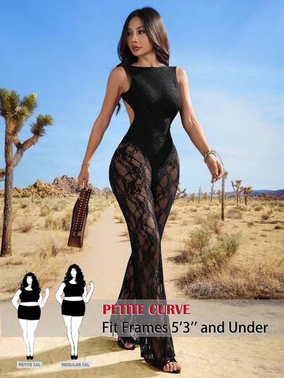 SHEIN PETITE CURVE Mono de mujer talla grande con encaje transparente y espalda descubierta