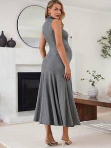 SHEIN Vestido casual de uso diario para salidas y reuniones, de unicolor y cuello alto, para embarazadas - Gris - Ver 3