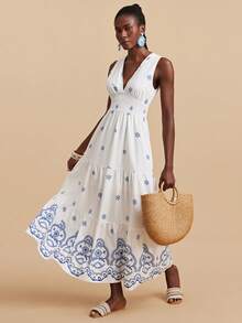 Travachic 女士碎花收腰连衣裙，波西米亚风，西式风格，夏季度假，适合假日、约会、下午茶、音乐节等场合，波西米亚风夏季连衣裙，女士海滩度假装扮，夏季服装，优雅女士连衣裙 - 藍白色 - 查看 6