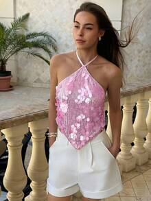 Aloruh Áo hở lưng gợi cảm đính sequin dành cho nữ, thích hợp cho kỳ nghỉ hè, phong cách boho nhiệt đới, kiểu phương Tây. - Hồng - Xem 4