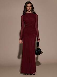 SHEIN BAE 女士纯色网纱拼接修身优雅长袖连衣裙 - 酒紅色 - 查看 7