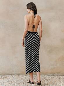 Anewsta Women's Sleeveless Striped Midi Dress With Halter, Beach Cover-Up, Spring/Summer Deep V Dress Zebra Dress Swim Swimsuit Dress - Black and White - View 3