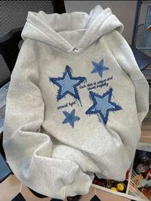 Men's Crew Neck Hoodie With Blue Star Print, Kangaroo Pocket And Drawstring, Long Sleeve, Loose And Casual, Ideal Gift For Autumn And Winter As Men's Clothing - 灰色 - 查看 3