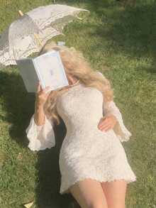 SHEIN MOD Đầm ngắn thời trang hở lưng cổ tròn tay loe buộc dây ren gợi cảm cho nữ - Màu be - Xem 7