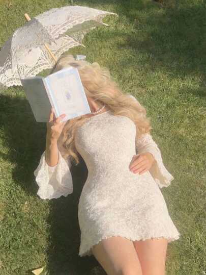 SHEIN MOD Plus Size Women's Round Neck Flare Sleeve Backless Tie Lace Sexy Fashion Mini Dress Lace White Dress Bride Bachelorette Outfit Bridal Shower Outfit Cream Outfit Women Lace Outfit,Vacation Outfits Women,2000s Clothes,Costume White Lace Dress Women White Dress With Sleeves Ivory Dress   Summer Dress Birthday Dresses For Women Summer Holiday Valentine's Day Outfit Babyshower Dresses Short Wedding Dresses Cream Dresses White Dress With Bow Ivory Dresses