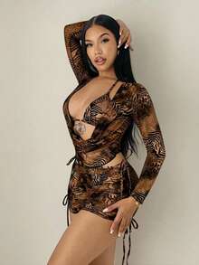 Sirith 4件套女士深V领网纱裙性感动物纹比基尼泳衣，沙滩装，春夏款 - 棕色 - 查看 3