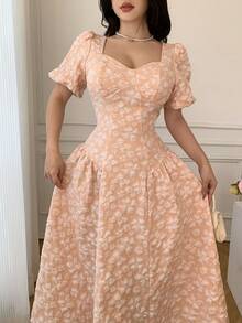 Celisse Champagne Jacquard Puff Sleeve Wrap Tie Waist Princess Dress, Elegant Vintage Palace Style Formal Dress - Dusty Pink - View 3