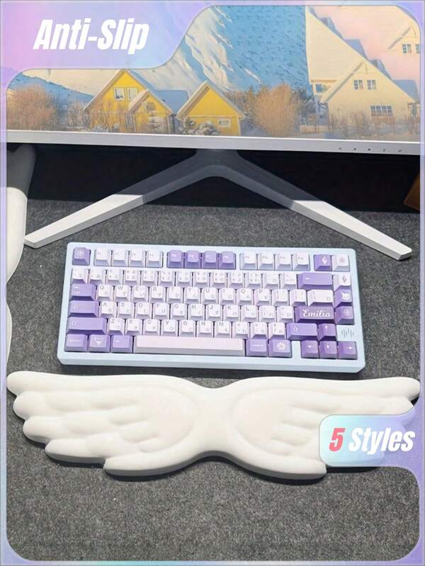 1pc An Ergonomic Silicone Keyboard Wrist Rest, Creative Wing Shape, PU High-Density Memory Sponge, With Non-Slip Base, Comfortable Support, White Color Sliky Fiber Fabric Faux Leather Gaming Accessories Modern Workspace Decoration Washable Suitable For Home Office/Computer/Laptop/Gaming, School Supplies, Back To School Gaming Mouse Pad