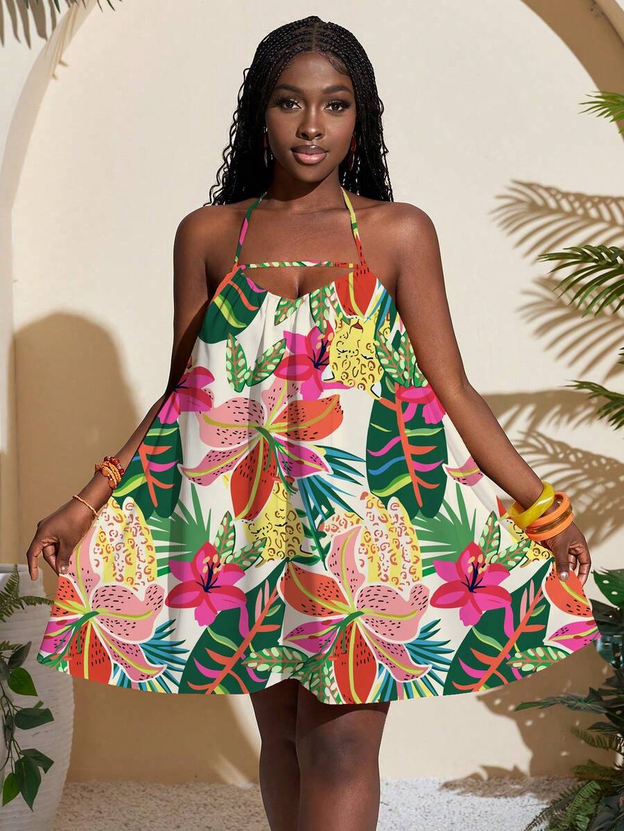 Slaydiva Spring/Summer Women's Sleeveless Halter Mini Dress/New Music Festival/Western /Boho/Easter/Nashville/Birthday/Graduation Student Daily/Casual All-Match Versatile Leisure/Cruise/Travel Beach Sunbathing/Vacation/Vibrant Floral Sleeveless Halter Mini Dress - Multicolor - View 1