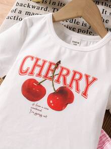 SHEIN LMoss Kids 两件套女童樱桃印花针织上衣和格子半裙套装 - 淺粉色 - 查看 4