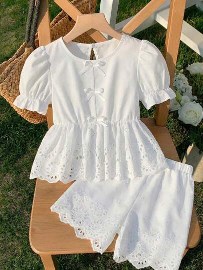Tween Girl Vacation Hollow Out Embroidery Ruffle Hem Bow Decor Top And Shorts Set
