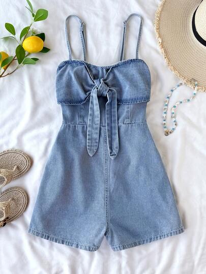 SHEIN Teen Girl Loose Fit Blue Denim Romper,Summer Outfits,Casual And Fashionable Vacation Outfits,Street Wear,2000s Style ,Comfortable And Soft Denim,Comfortable And Soft Denim Pant,Cute Vacation Print Overall