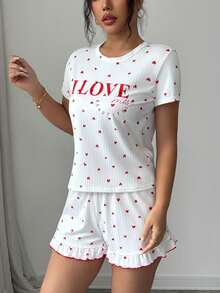 SHEIN 爱心印花短袖短裤舒适睡衣套装 - 白色 - 查看 3