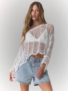 MUSERA 斜领破洞流苏串珠长袖上衣，西部乡村街头风，适合节日、优雅、Y2K、性感、可爱、90年代波西米亚风、中西部风、冬季、圣诞节、工作、办公室等各种场合。 - 白色 - 查看 2