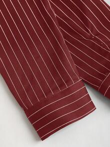 Sweetra Fashionable Contrast Color Textured Button Fitted Waist Flattering Striped Collar Long Sleeve Blouse For Women - Red - View 5