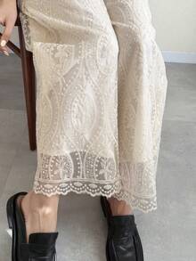 FRIFUL 女士纯色米色薄纱蕾丝面料直筒宽松休闲裤 - 米色 - 查看 3