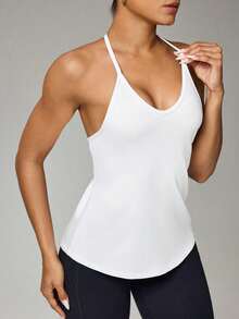 Easithlete Solid Color Mesh Patchwork Racerback Camisole, Summer Activewear - White - View 3