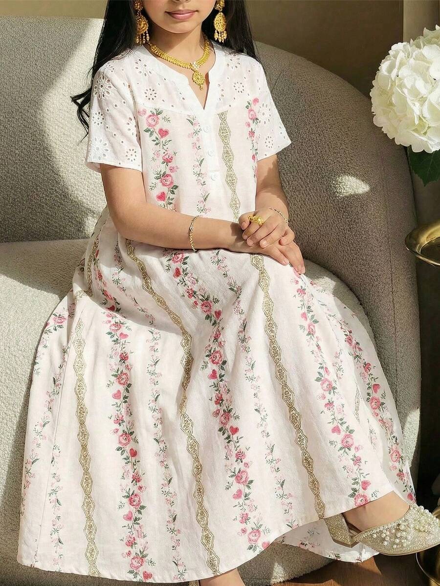 SHEIN 少女时尚印花露肩短袖连衣裙 - 白色 - 查看 1