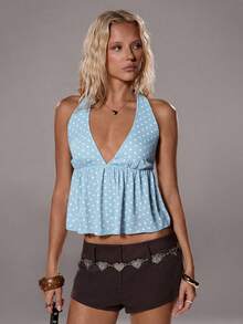 TRNVIE 女士优雅波点V领露背吊带背心，春夏款 - 藍白色 - 查看 6