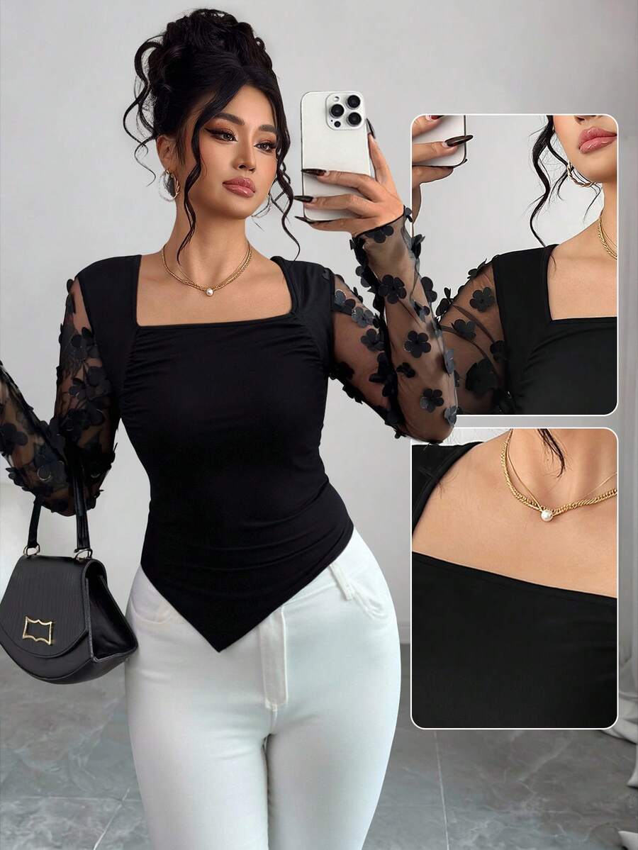 Elenzga Women's Plus Size Elegant Commuter 3D Floral Decor Mesh Splice T-Shirt, Autumn - Black - View 1