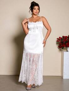 Cravure 大码女式蕾丝拼接拉链前开无袖束腰亮面面料休闲连衣裙，适合户外/购物 - 白色 - 查看 4