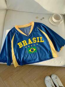 SHEIN EZwear Áo croptop nữ mùa hè tay ngắn cổ chữ V in chữ phối màu tương phản, áo len dệt kim tay raglan, phù hợp cho người hâm mộ thể thao, trang phục cổ vũ đội tuyển, tham dự sự kiện thể thao, áo thun thể thao sọc vàng xanh, áo croptop nữ phối đồ thể thao Brazil. - Nhiều màu - Xem 5