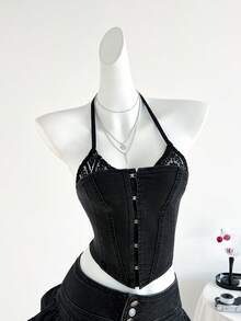 Elamini 女士时尚性感撞色蕾丝吊带牛仔上衣，夏季 - 灰色 - 查看 6