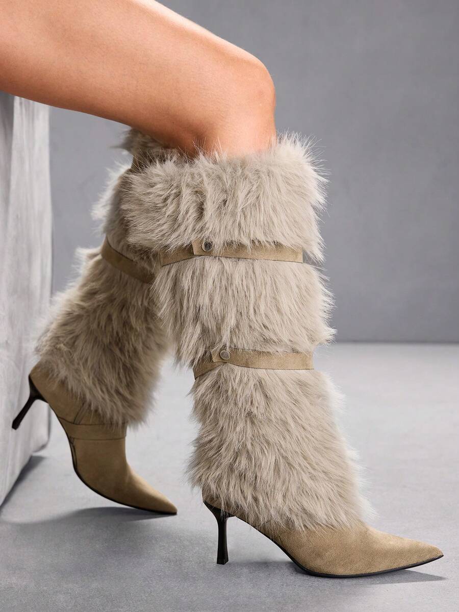 CUCCOO SZL Women's Pointed Toe Faux Fur Patchwork Knee-High Heeled Boots Valentine's Day - Khaki - View 1