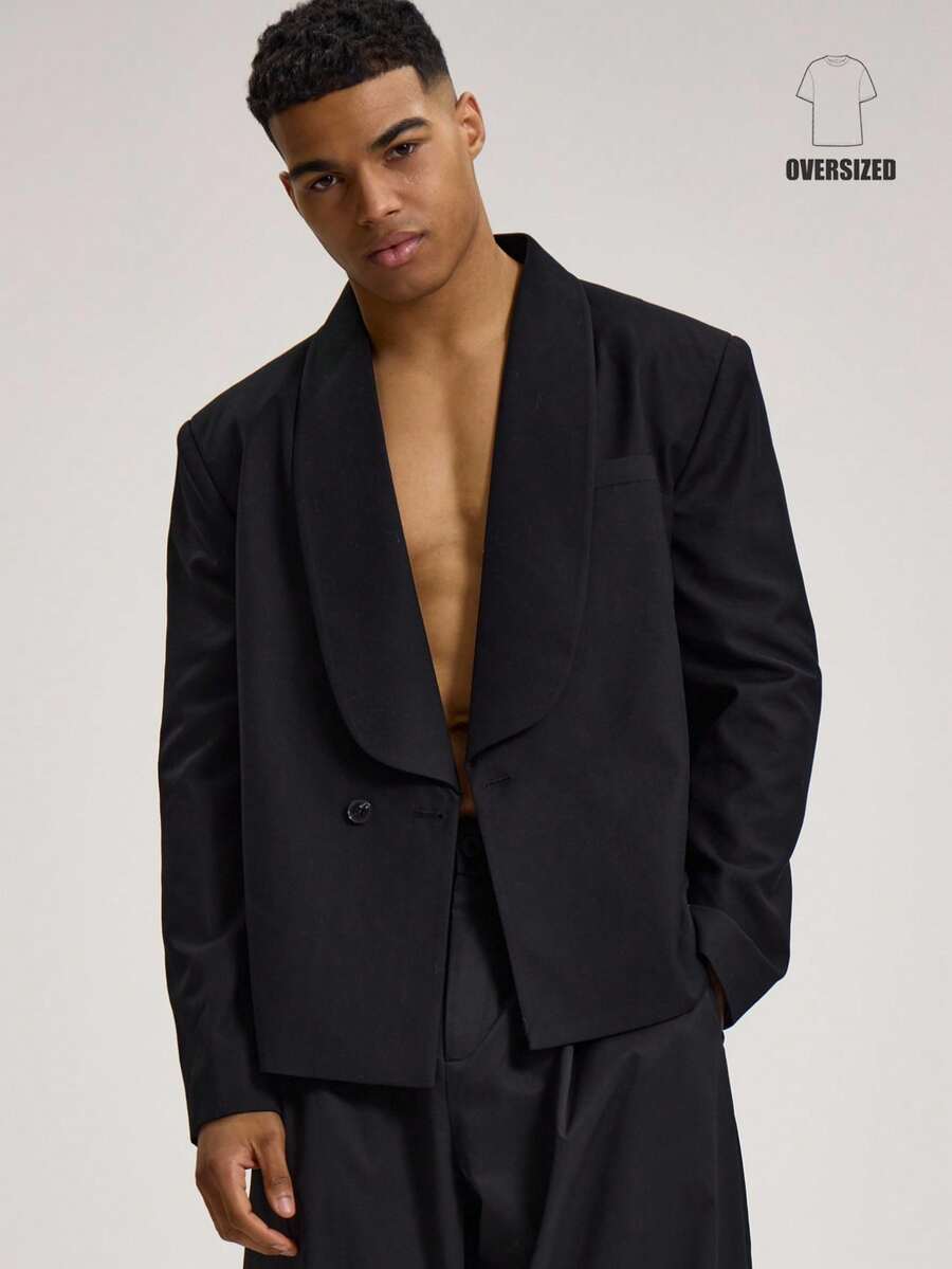 Musero Áo blazer dáng rộng, ve áo lớn, dáng lửng, cài một hàng khuy, kiểu dáng quần tây, áo blazer độc lập, trang phục cần thiết cho mùa Xuân Hè, trang phục công sở thanh lịch. - màu đen - Xem 1