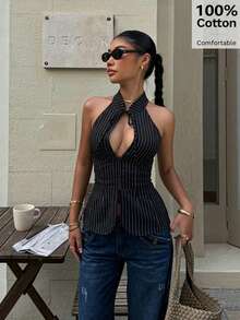 Siren Gaze Women's Bow Tie Hollow Out Halter Neck Fitted Crop Top, Slit Front Sleeveless Blouse - Black - View 8