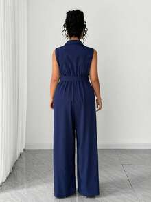Elenzga Plus Size Women's Elegant Commuter Shirt Collar Short Sleeve Button Half-Open Cinched Waist Jumpsuit, Spring/Summer - Navy Blue - View 2