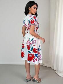 Vavine Women's V-Neck Tie Design Floral Print Casual Vacation Mini Dress, Spring/Summer - Multicolor - View 2