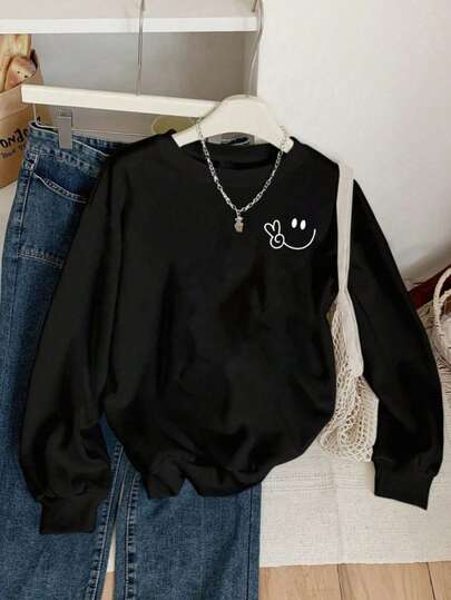 Mujer004 Sudadera de cuello redondo para mujer invierno sudadera de manga larga cómoda suave Camiseta negra con dibujo de sonrisa y signo de "V" para un look casual atractivo