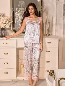 SHEIN 优雅蕾丝边饰花卉印花仿丝绸女士睡衣套装 - 杏色 - 查看 2