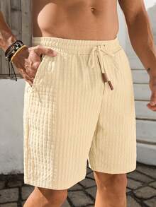 VIVINTIMO Men's Solid Color Casual Drawstring Pocket Jacquard Shorts - Khaki - View 4