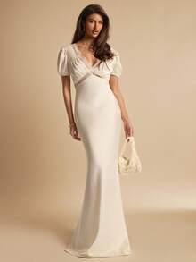 SHEIN BAE Vestido elegante de satén y encaje con escote en V, mangas cortas y espalda descubierta, en color albaricoque, adecuado para invitados de boda, brunch, ocasiones sociales, verano, citas, fiestas de cumpleaños - Albaricoque - Ver 3