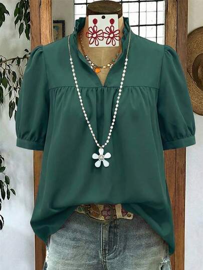 Linhara Große Größen Valentinstag & Spring Break Lässig einfarbiges Puffärmel Shirt