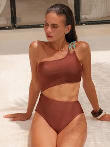 Swim Chiccia Swim Chic Sea-D Women Solid Color One Shoulder Chain Strap Decor One-Piece Swimsuit - Coffee Brown - View 6