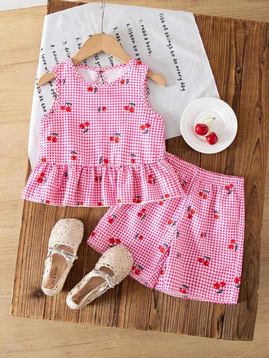 Young Girl Summer Casual Plaid Cherry Print Camisole And Shorts Set