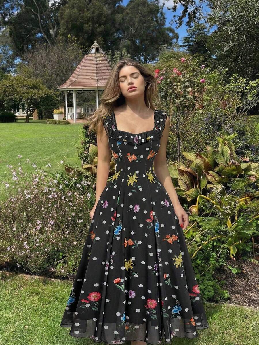 SHEIN MOD 女士优雅波点花卉印花中长连衣裙，夏季 - 黑色 - 查看 1