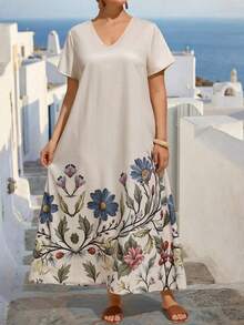 Linhara CURVE Große Größen Kleid mit Blume Muster, V-Ausschnitt, Lässig Urlaubskleid mit Kurzarm - Aprikosenfarben - Übersicht 8