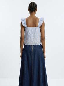 Maija 女士花卉刺绣条纹方领短袖上衣 - 藍色 - 查看 3